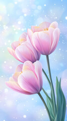 Aufkleber - Pink tulips with green leaves are blooming under a dreamy blue sky with bokeh effect, creating a beautiful and romantic atmosphere