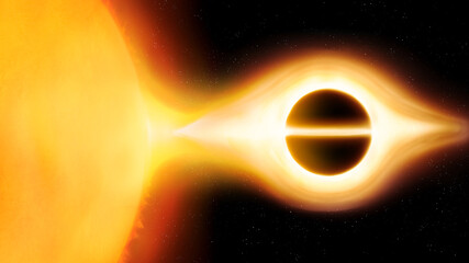 Wall Mural - black hole absorbs matter from the sun. gravitational interaction between singularity and star in sp