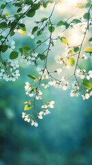 Aufkleber - Soft sunlight highlighting white blossoms on slender branches, pastel turquoise backdrop evoking delicate springtime freshness
