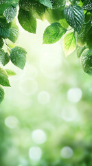 Poster - Framing a bokeh background, green leaves with water drops create a serene, natural atmosphere perfect for nature projects