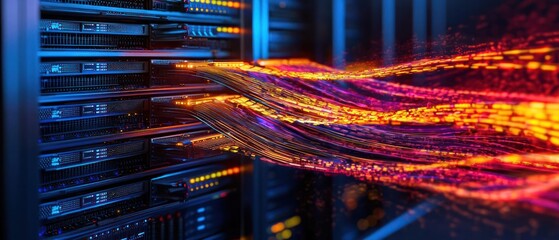 Data Flow: Server Room with Vibrant Network Cables
