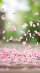 Poster - Soft pink petals drifting down, landing on weathered wood, capturing ephemeral spring tranquility