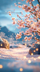 Poster - Soft pink cherry petals drifting onto sparkling snow, casting ethereal light through delicate winter landscape