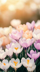 Aufkleber - Beautiful crocuses blooming in soft sunlight, a symbol of renewal and the arrival of spring