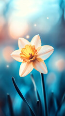 Poster - Elegant white-yellow narcissus blossoming against soft turquoise backdrop during springtime