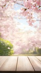 Poster - Wooden table surface with blurred cherry blossoms falling softly, creating pastel spring background