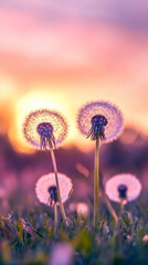 Poster - Dandelion meadow illuminating golden landscape, vibrant sunset casting purple-orange glow across wildflower-dotted grassland