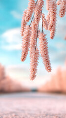Aufkleber - Pink catkins dangling from branch, soft background blending with turquoise sky
