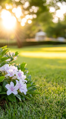 Aufkleber - White flowers blooming beside perfectly mowed green grass in a park, illuminated by warm sunset light, create a serene outdoor scene