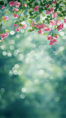 Aufkleber - Delicate pink blossoms cascading from tree branch, soft bokeh background evoking gentle, romantic mood