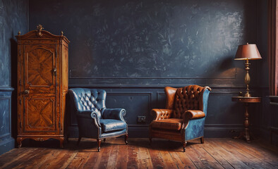 Poster - Room with two leather chairs and a wooden cabinet. The room is empty and has a modern feel
