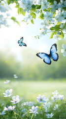 Aufkleber - Blue morpho butterflies delicately flying over white blossoms in lush spring meadow, representing natural elegance and vibrant ecosystem