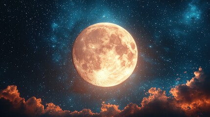 Wall Mural - Orange Full Moon Rising Over Night Sky Clouds