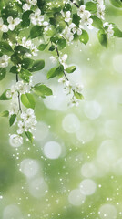 Poster - Blooming apple tree branch with beautiful white flowers on a blurred green background creates a magical spring atmosphere