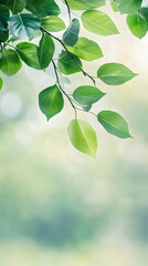 Poster - Green spring foliage branching vibrantly, soft blurred bokeh background highlighting verdant botanical growth and renewal