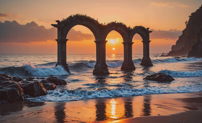 Fototapete - The archway is in the ocean and the sun is setting. The archway is made of stone and is in the water