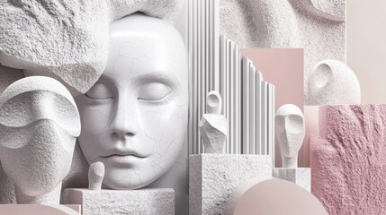Fototapete - A compelling 3D render showcasing a set of abstract faces, each with unique, stylized features.