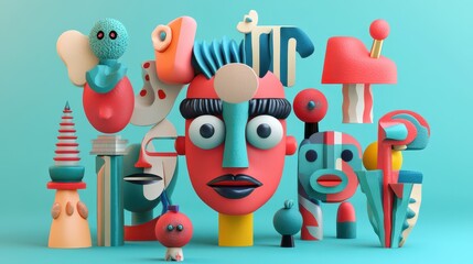 Fototapete - A compelling 3D render showcasing a set of abstract faces, each with unique, stylized features.