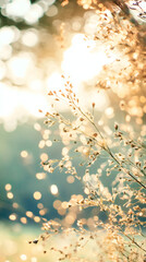 Poster - Soft wild grass glowing under golden sunset, casting dreamy bokeh light against serene landscape background