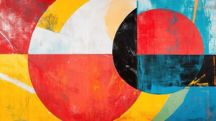 Fototapete - A dynamic abstract geometric art piece featuring vibrant overlapping shapes and lines in red, orange, yellow, and blue.