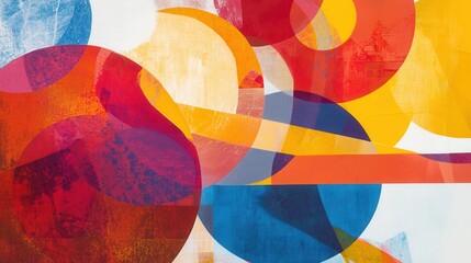 Fototapete - A dynamic abstract geometric art piece featuring vibrant overlapping shapes and lines in red, orange, yellow, and blue.