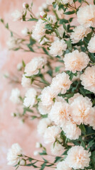 Poster - Beautiful white peonies with green leaves create a stunning floral arrangement against a soft pink background
