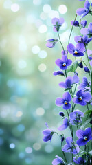 Poster - Purple pansies with dew drops blooming on a bokeh background, creating a delicate and dreamy atmosphere