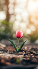 Poster - Pink tulip emerging from soil, bathed in golden spring light, blurred green backdrop creating dreamy floral scene