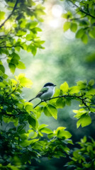 Poster - Tiny bird perching on tree branch, nestled among lush green leaves, soft sunlight highlighting delicate feathers and natural woodland setting