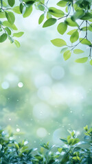 Poster - Green foliage framing soft-focus landscape, sunlight particles dancing through verdant leaves, creating ethereal botanical composition