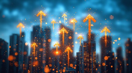 Fototapete - City skyline with many arrows pointing upwards. Concept of progress and growth, as the arrows represent the upward trajectory of the city and its people