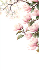 Poster - Delicate pink magnolia blossoms branching against soft white backdrop, showcasing springtime botanical elegance