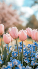 Aufkleber - Beautiful pink tulips blooming in a vibrant spring garden, creating a picturesque scene of natural beauty