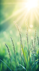 Poster - Green grass glowing under sun rays in a spring meadow, creating a stunning bokeh effect that enhances the beauty of nature