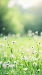 Poster - Delicate white blossoms nestling amid verdant grass, bathed in soft sunlight, evoking tranquil countryside stillness