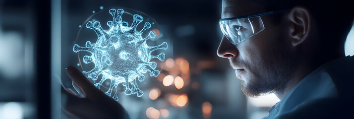 Wall Mural - a scientist analyzing a glowing holographic model of a virus -