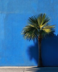 Wall Mural - palm tree shadow against a vibrant blue wall.