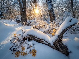 Wall Mural - sunburst through snowy forest, illuminating snow-covered log and winter flowers.