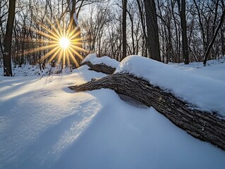 Wall Mural - sunburst through winter forest trees illuminating snow-covered fallen logs.