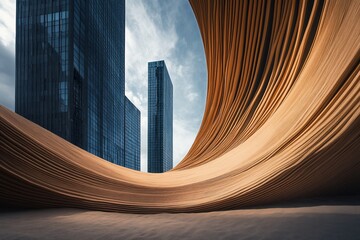 Wall Mural - abstract architectural structure with city skyscrapers in background.