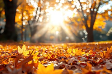 Poster - Fallen autumn leaves create vibrant carpet in park, illuminated by golden sunset sunbeams, evoking serene fall atmosphere