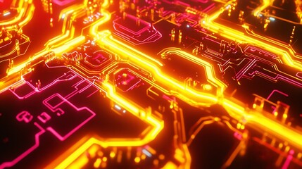 Wall Mural - Abstract glowing orange and pink circuit board pattern.