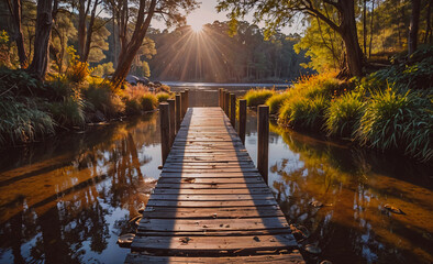 Poster - Wooden bridge spans a river with a sun shining on the water. The scene is peaceful and serene, with the sun reflecting off the water and the trees surrounding the area