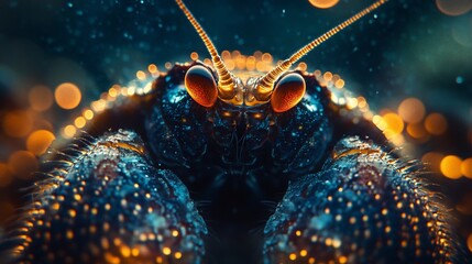 Wall Mural - close-up of a vibrant, jeweled-like crustacean against a bokeh background.