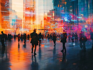 Wall Mural - Silhouetted figures walking amidst a vibrant, futuristic cityscape at sunset, reflecting modern life and urban energy.