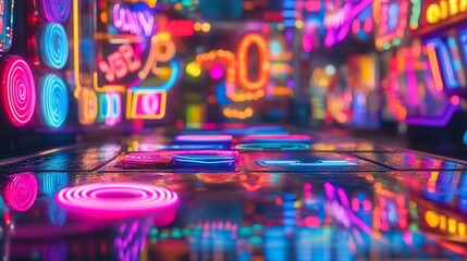 Vibrant neon lights illuminate a futuristic arcade game floor with colorful buttons and glowing circles.