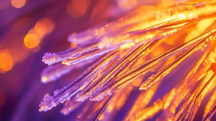 Wall Mural - close-up of frost-covered branches illuminated with warm and cool lights, bokeh effect.