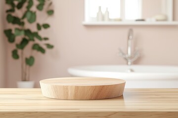 Aufkleber - Round wooden podium on a table is displaying products with a blurred bathroom background, creating a spa-like atmosphere for advertising