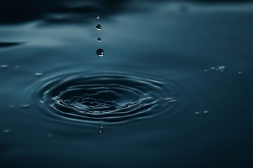 Wall Mural - water droplet falling, creating concentric ripples on dark blue water surface.