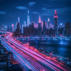 Wall Mural - night cityscape with vibrant light trails of traffic on highway and skyscrapers.